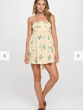 Meet Me In Santorini Citrus Short Dress Large NWT Lemon Print Tie Back Dress